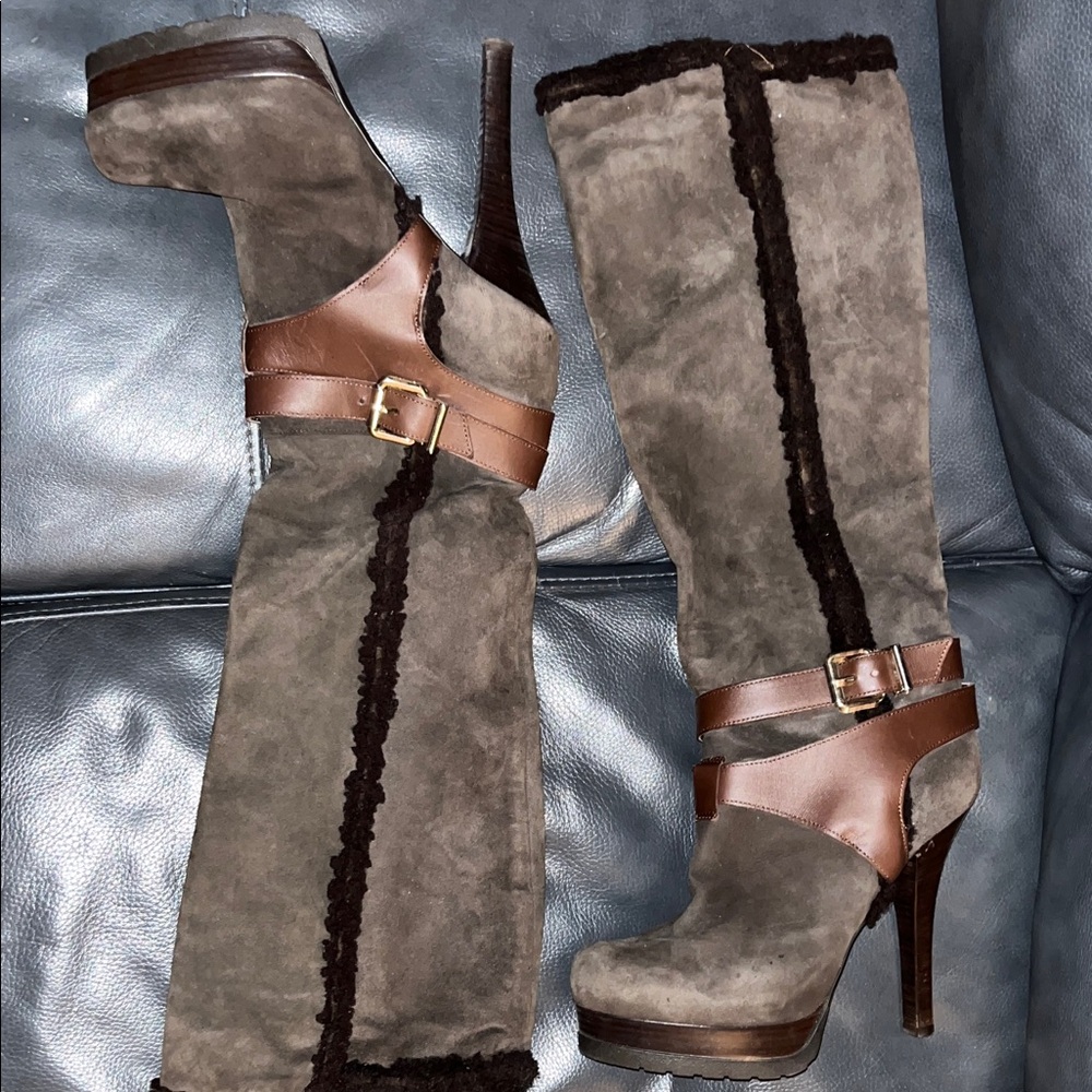 Fendi Brown Suede Heeled Boots with Buckle